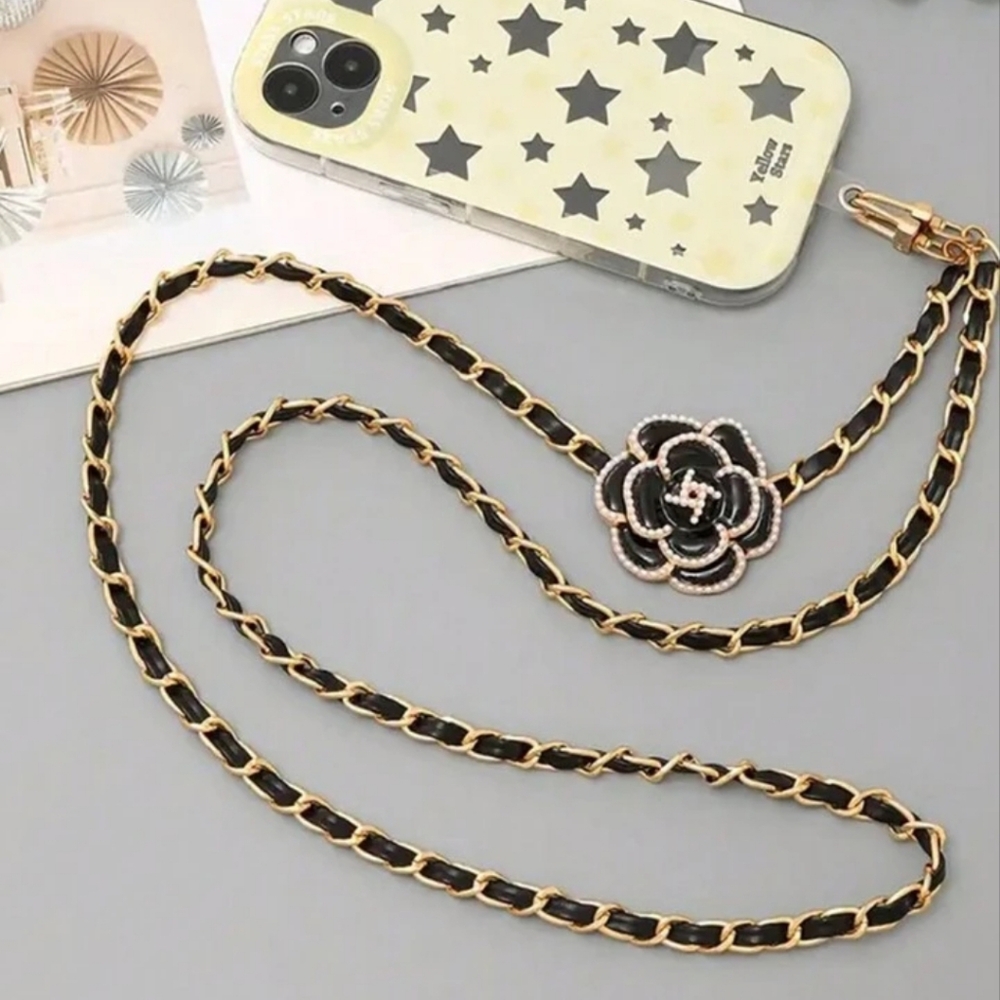Gold tone with pearl and enamel flower ornament and leather Cell Phone Chain